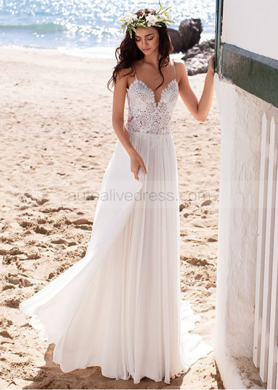 Spaghetti Straps Ivory Boho Beach Lace Chiffon Wedding Dress